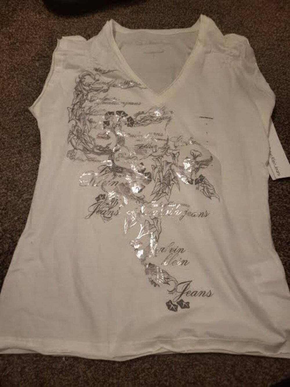 Womens Calvin Klein Jeans Silver and Black Printed White V-Neck Shirt Size M